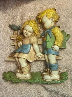 Vintage Homco Boy and Girl on Bench Wall Plaque